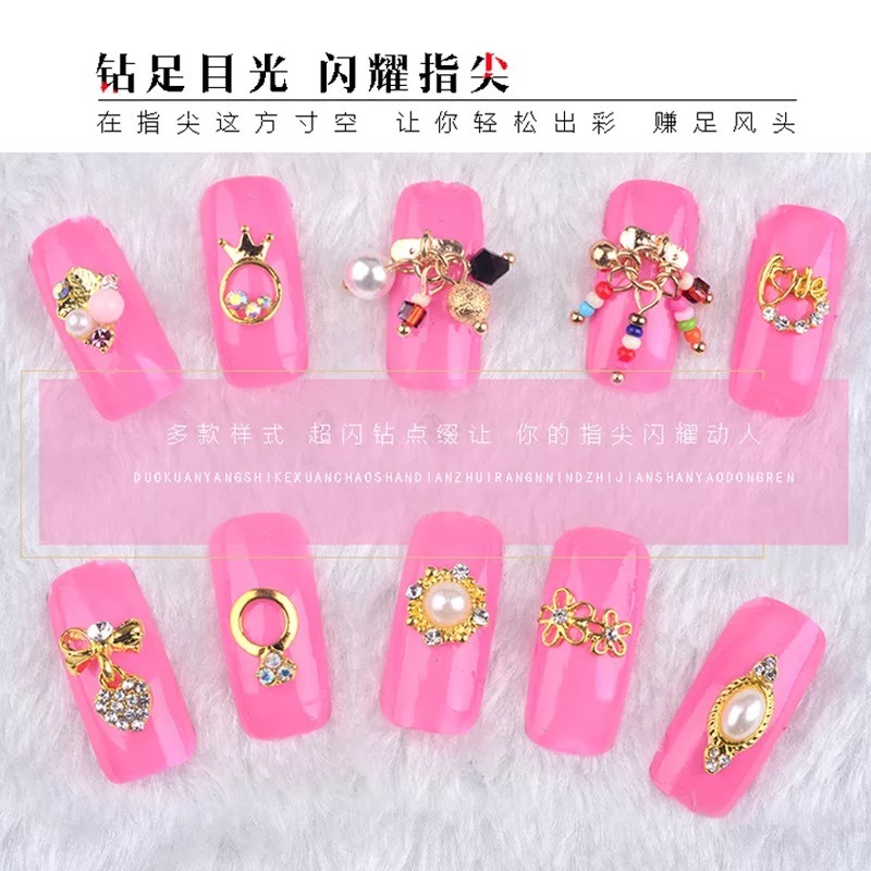 3D Charms Gold Metal Alloy Diamonds Pearls Nail Jewelry Accessories
